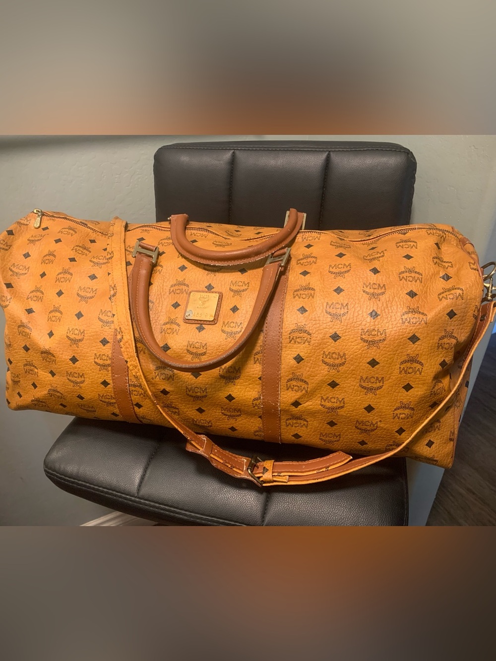 Authentic MCM Cognac Visetos Logo Canvas Duffel Bag with Brown Leather Trim